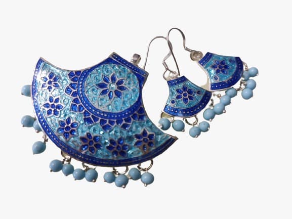 Silver Handicraft Blue Meenakari Work Pendant and Earings Set