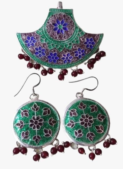 Silver Handicraft Meenakari Work Earings And Pendent Set